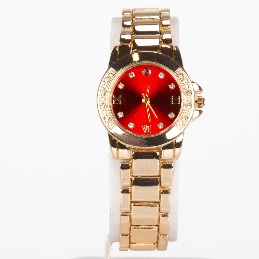 Reloj de Aleación Bañado en Oro con Rubí y Cristal Emporia® Blanco ( Collar +Pendientes +Colgante )
