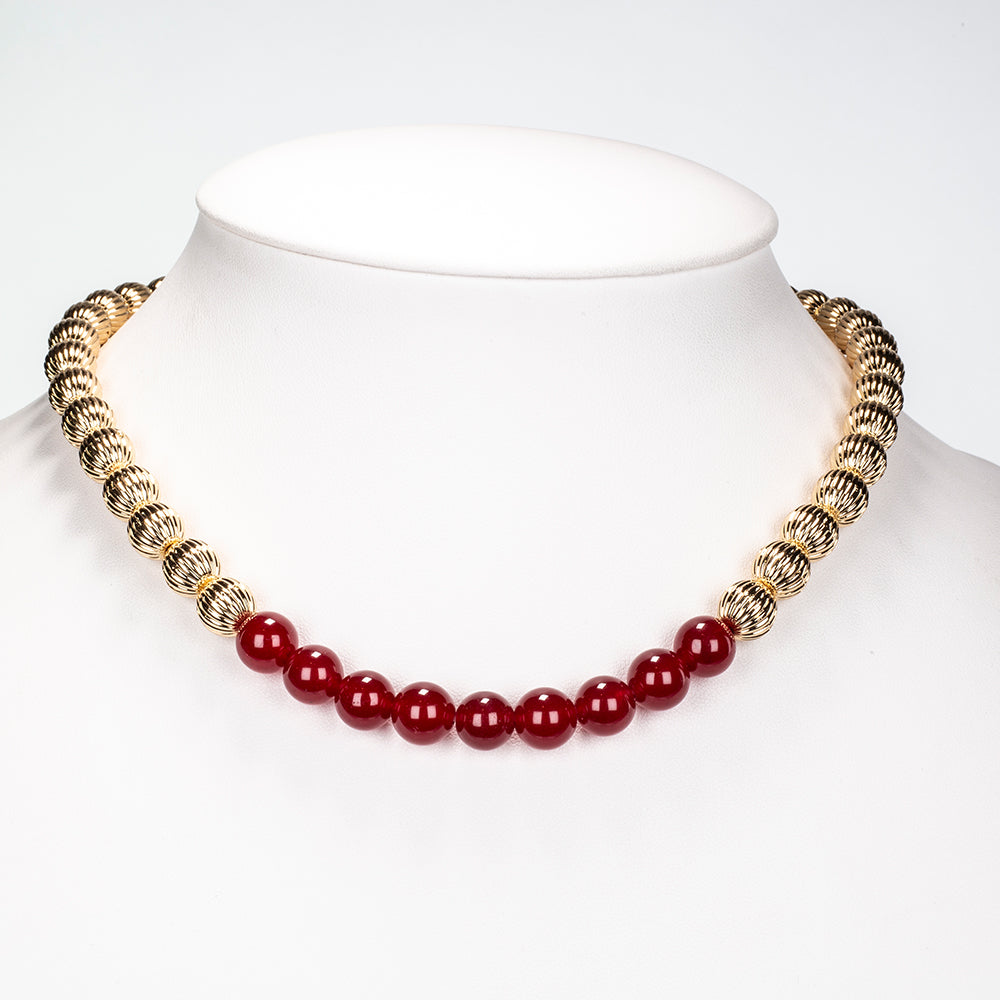 Conjunto de Aleación Bañado en Oro con Ágata Roja ( Collar +Pendientes )