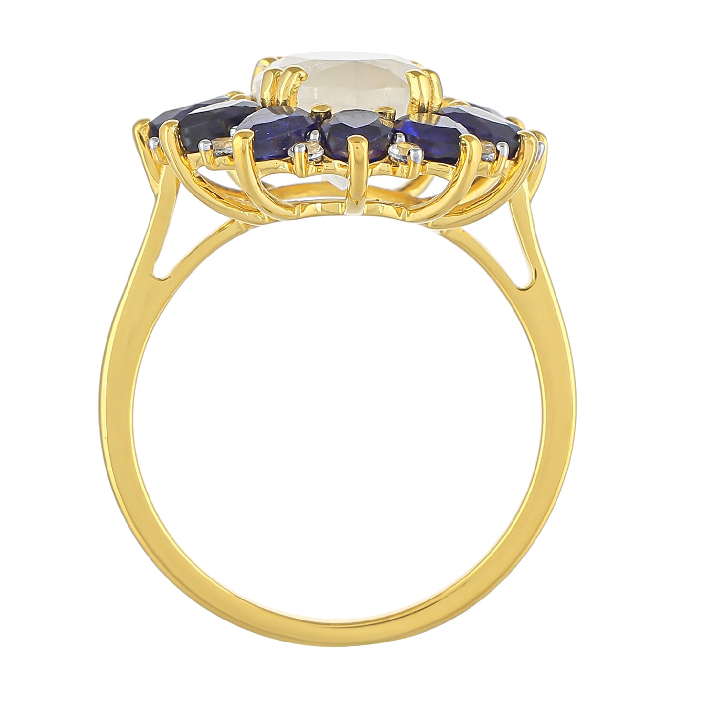 Anillo de Plata Bañada en Oro con Piedra Lunar Arco Iris y Zafiro de Tailandia