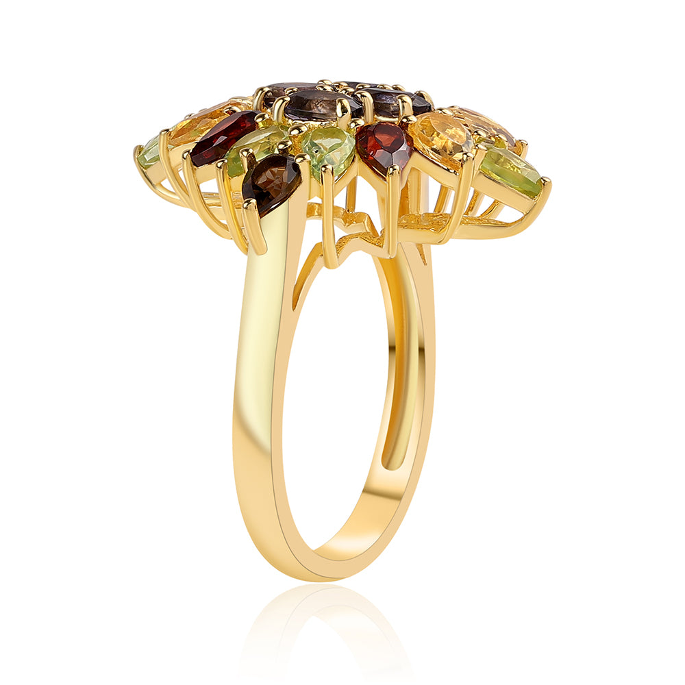 Anillo de Plata Bañada en Oro con Granate rojo y Peridoto