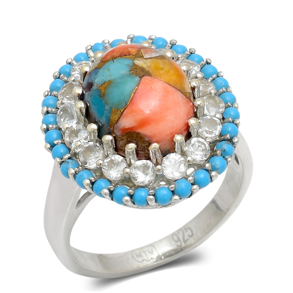 Anillo de Plata con Turquesa Ostra y Topacio Blanco