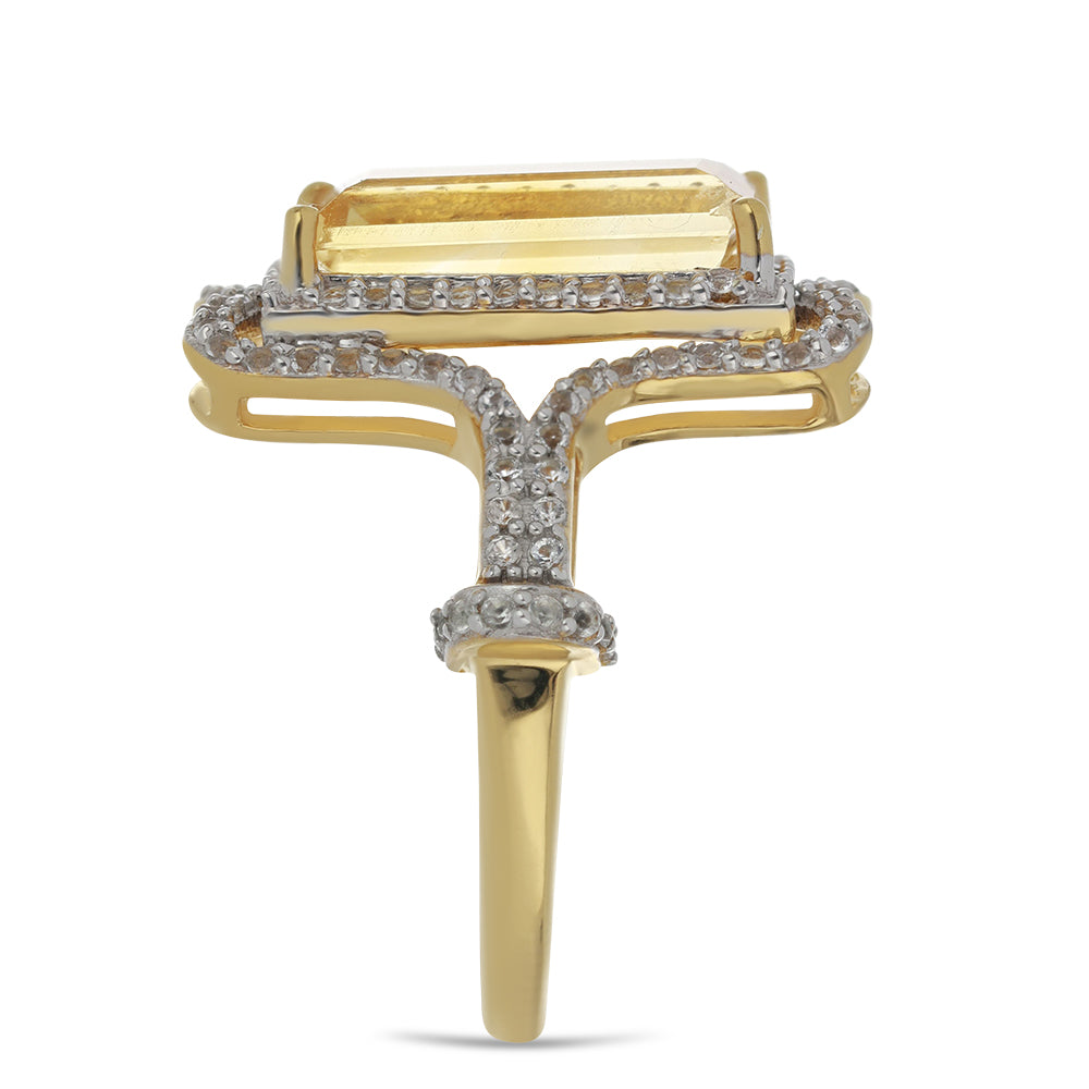 Anillo de Plata Bañada en Oro con Citrino de los Montes Urales y Topacio Blanco