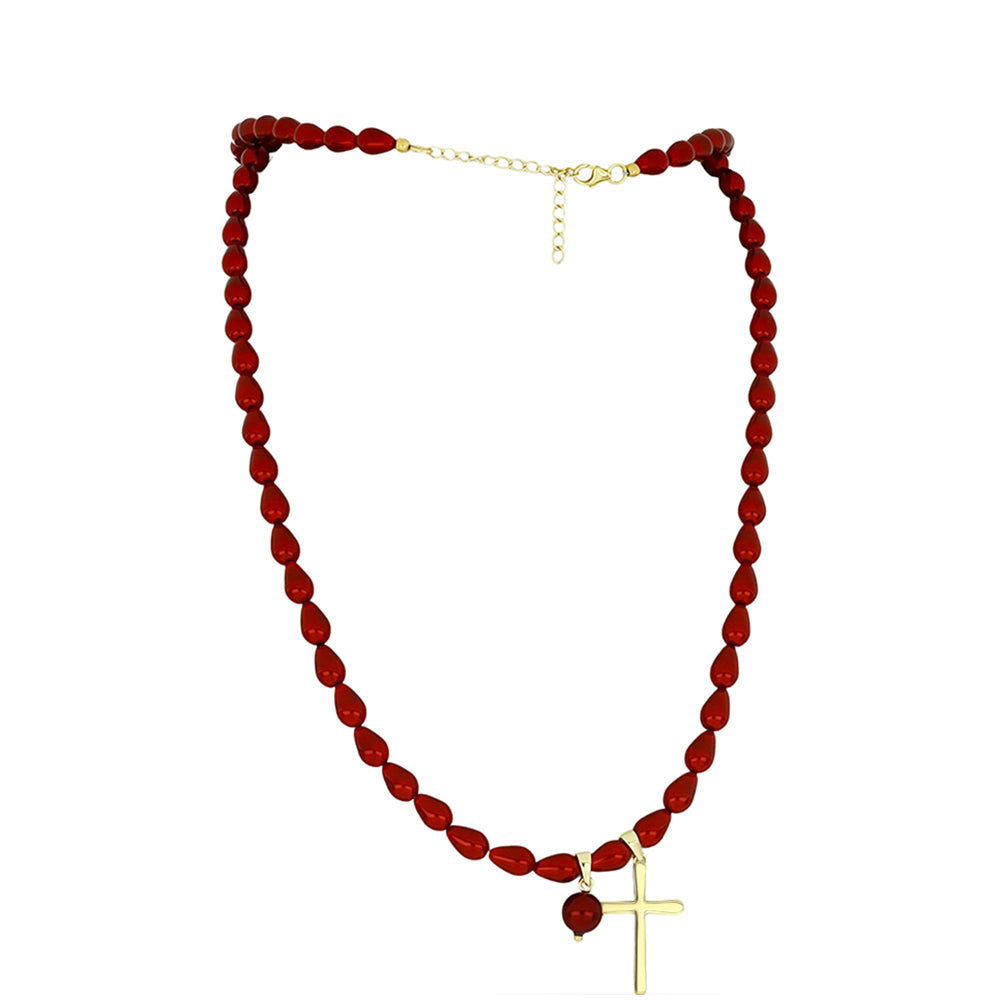 Cruz Collar de Plata Bañada en Oro con Perla roja de río