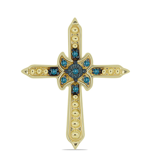 Cruz Colgante de Plata Bañada en Oro con Diamante Azul