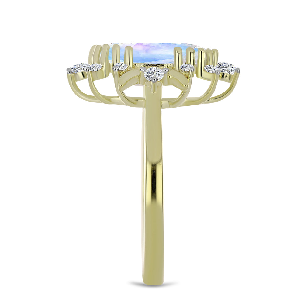 Anillo de Plata Bañada en Oro con Piedra Lunar Arco Iris y Topacio Blanco