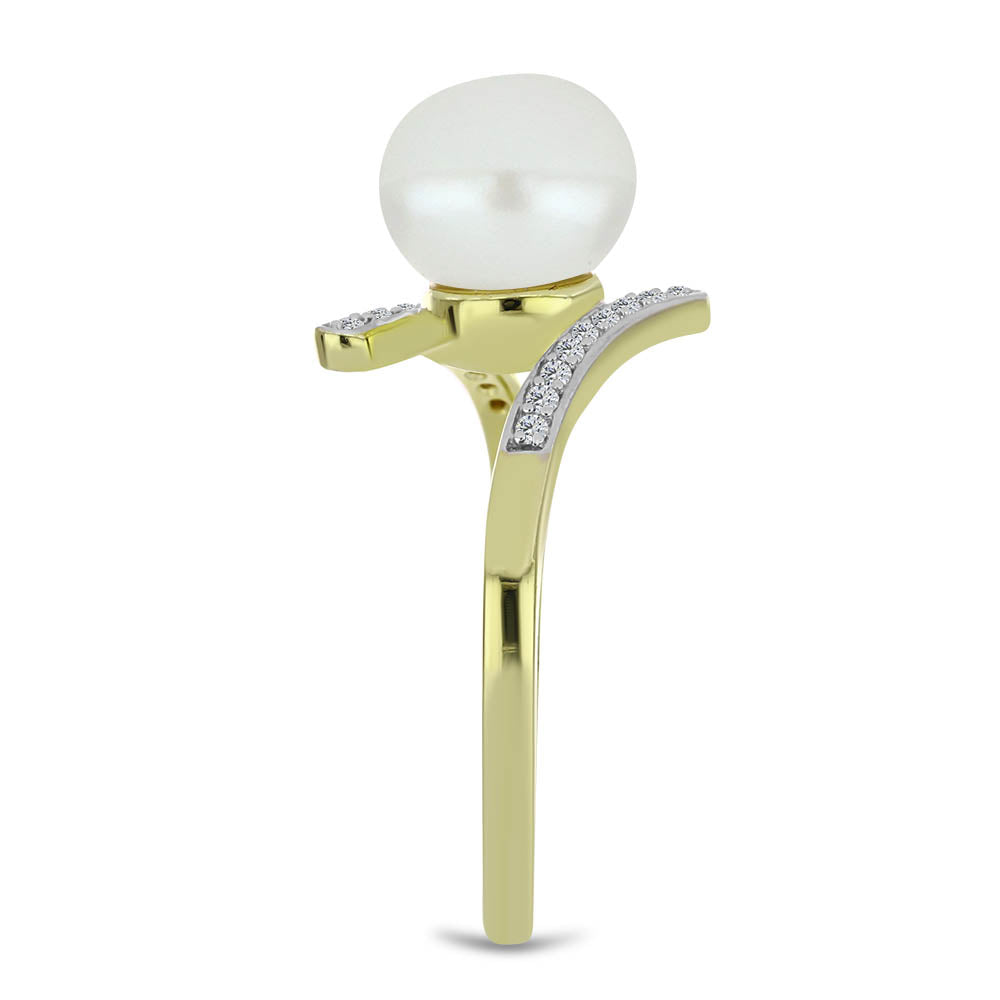 Anillo de Plata Bañada en Oro con Perla blanca de agua dulce y Topacio Blanco