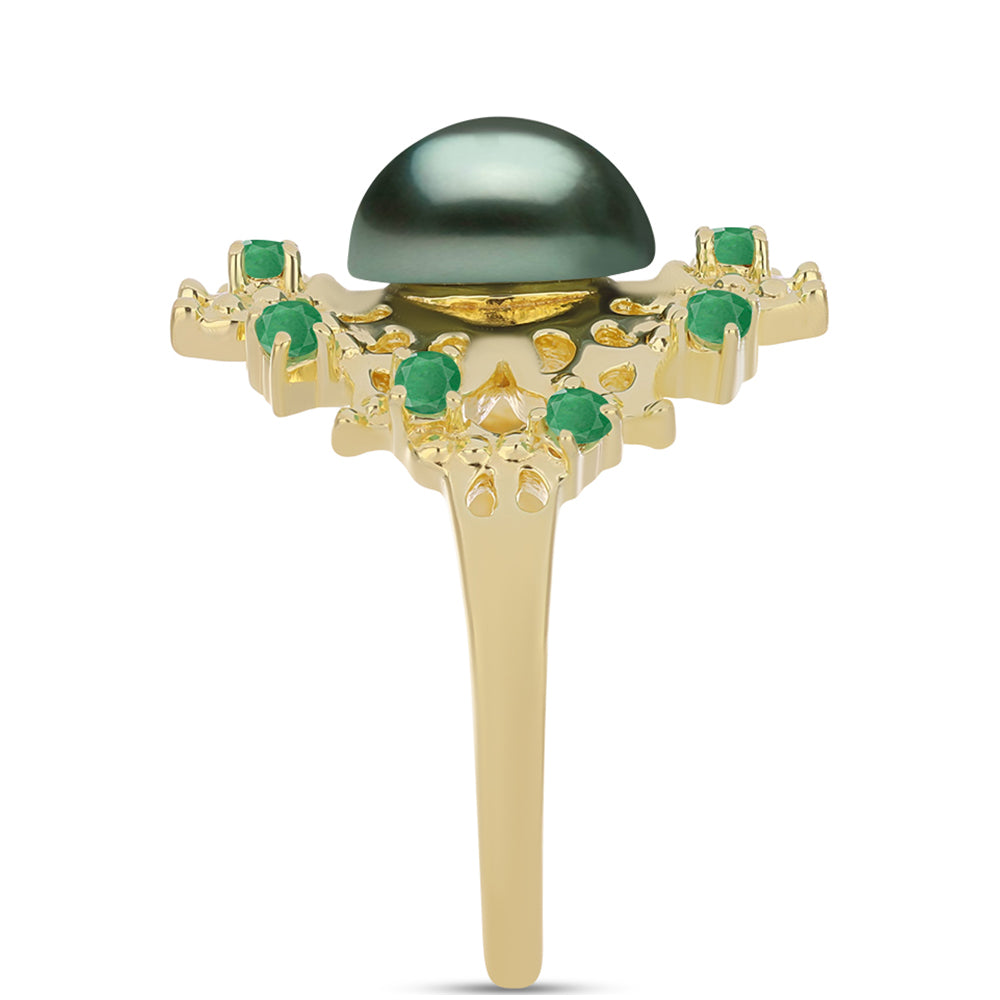 Anillo de Plata Bañada en Oro con Perla de río Tahiti verde ilusión y Esmeralda de Brasil