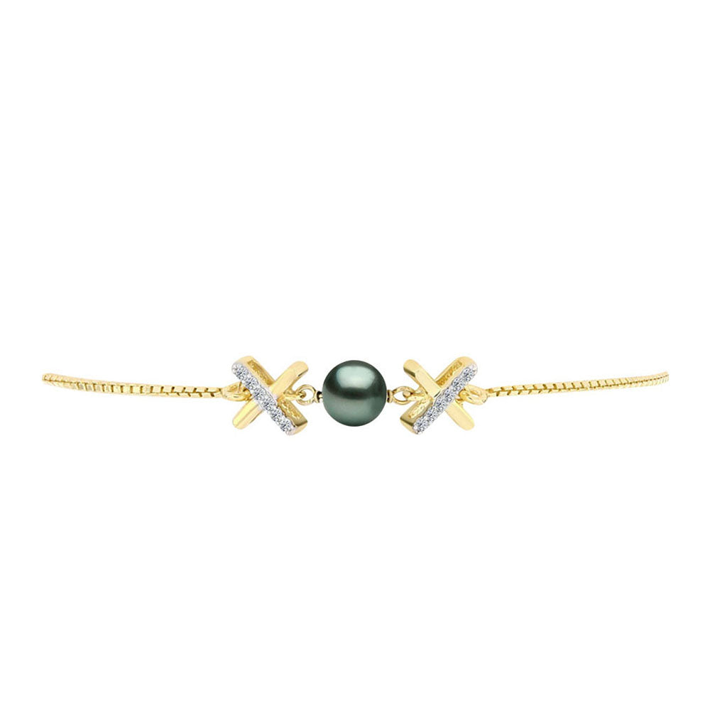 Pulsera de Plata Bañada en Oro con Perla de río Tahiti verde ilusión y Topacio Blanco