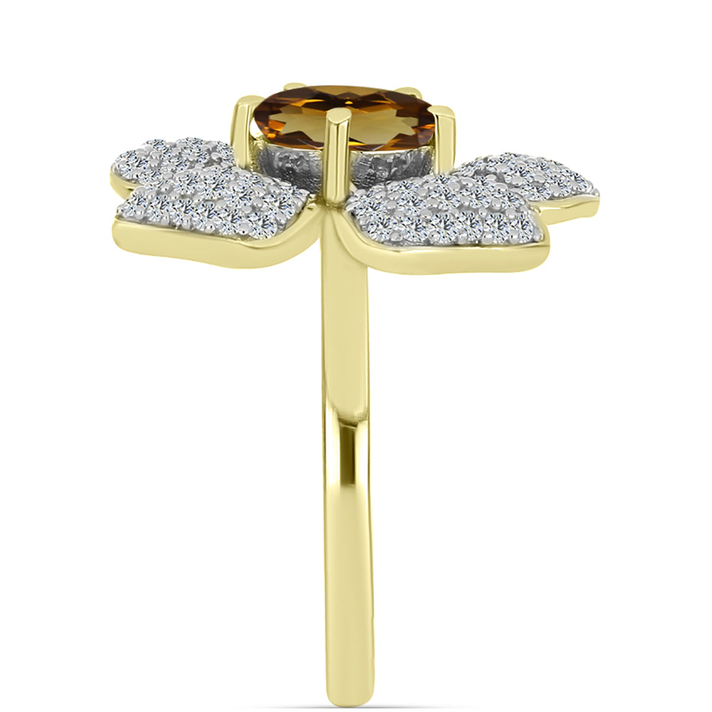 Anillo de Plata Bañada en Oro con Cuarzo Coñac y Topacio Blanco