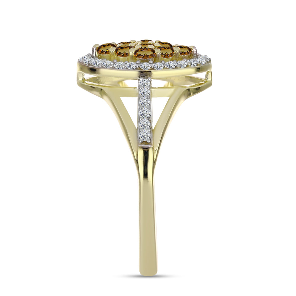 Anillo de Plata Bañada en Oro con Cuarzo Coñac y Topacio Blanco