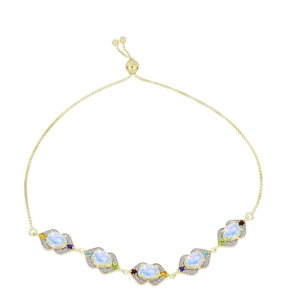 Pulsera de Plata Bañada en Oro con Piedra Lunar Arco Iris y Amatista de Marruecos