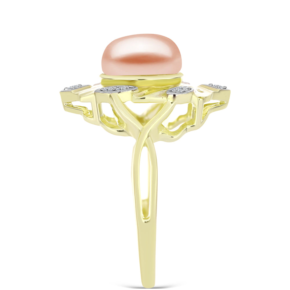 Anillo de Plata Bañada en Oro con Perla de agua dulce melocotón y Topacio Blanco