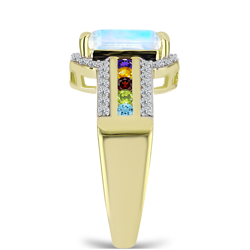 Anillo de Plata Bañada en Oro con Piedra Lunar Arco Iris y Amatista de Marruecos
