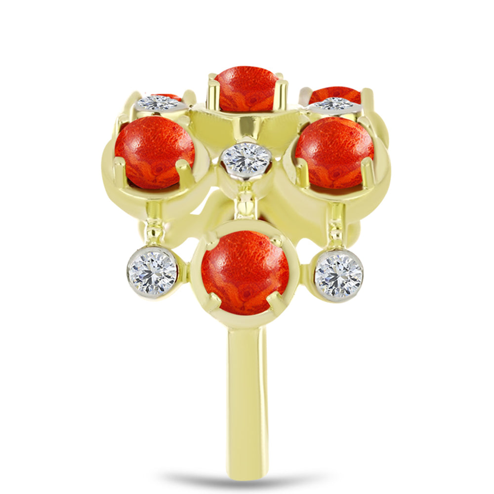 Anillo de Plata Bañada en Oro con Coral de Esponja Roja y Topacio Blanco