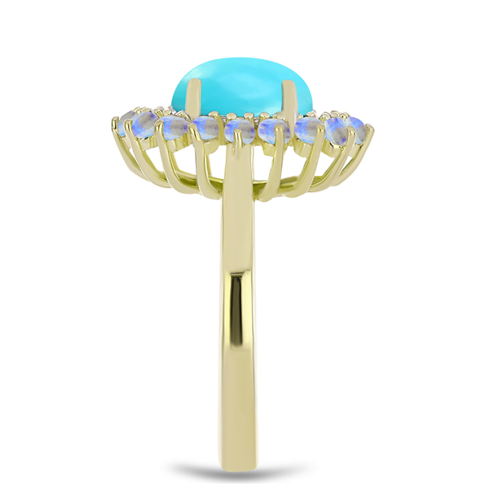 Anillo de Plata Bañada en Oro con Turquesa Bella Durmiente y Piedra Lunar Arco Iris