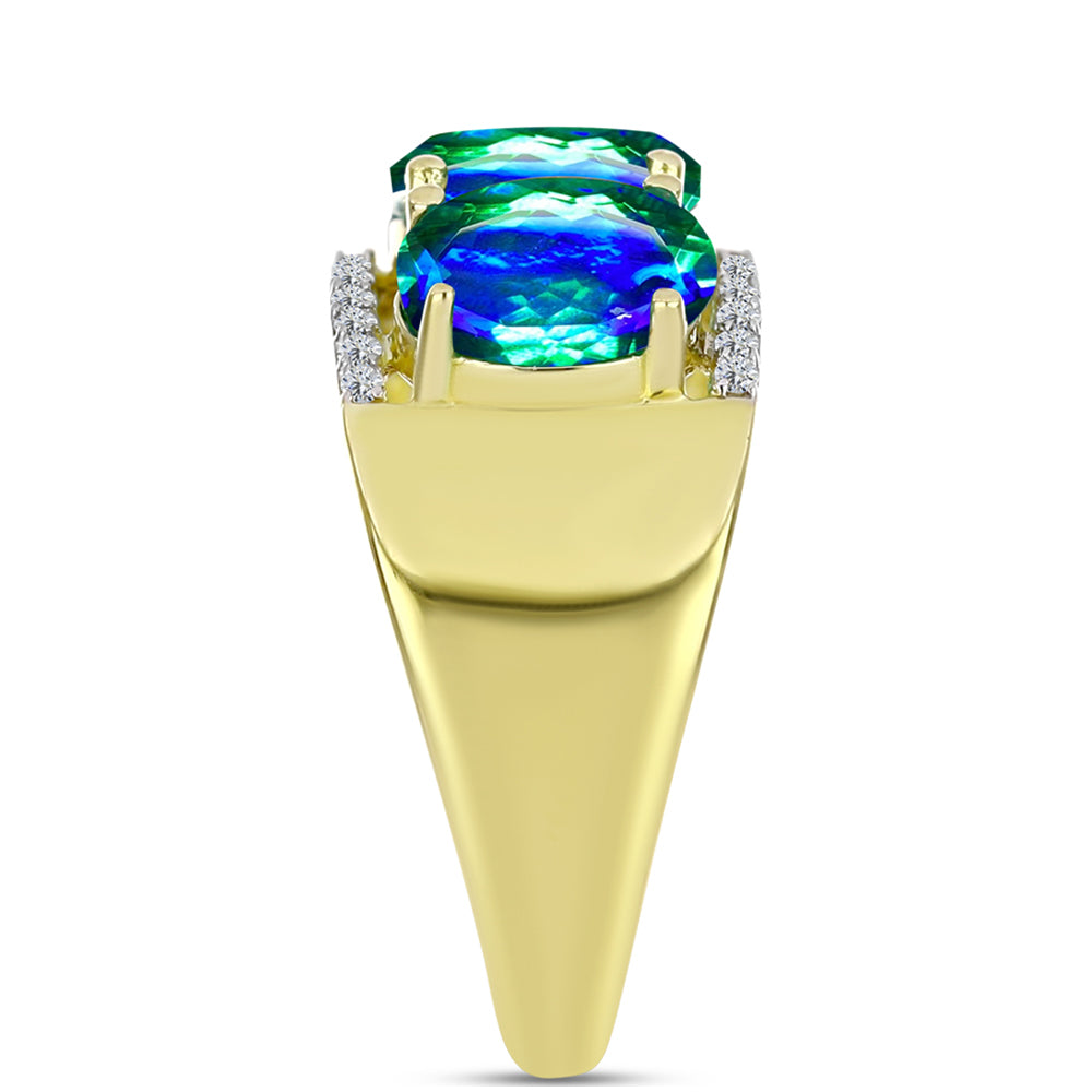 Anillo de Plata Bañada en Oro con Cuarzo Pavo Real y Topacio Blanco