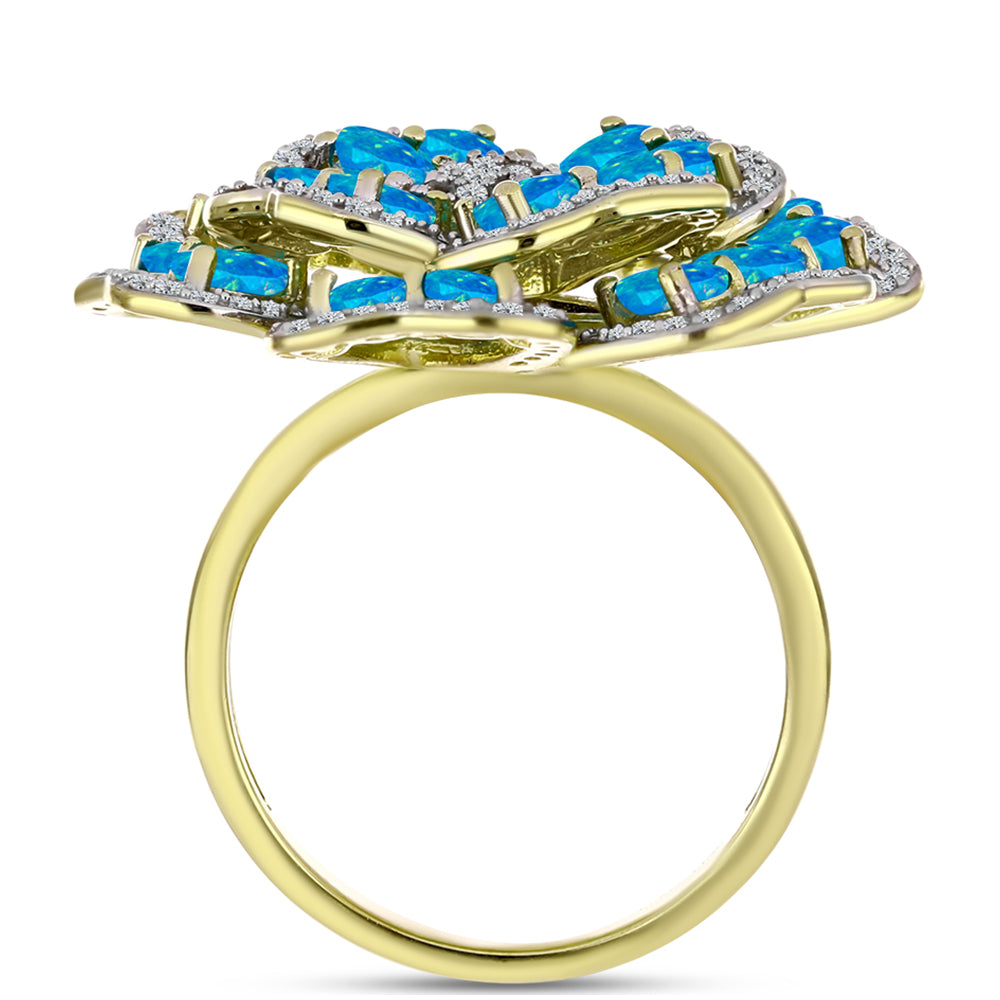 Anillo de Plata Bañada en Oro con Ópalo Azul Paraiba de Etiopía y Topacio Blanco
