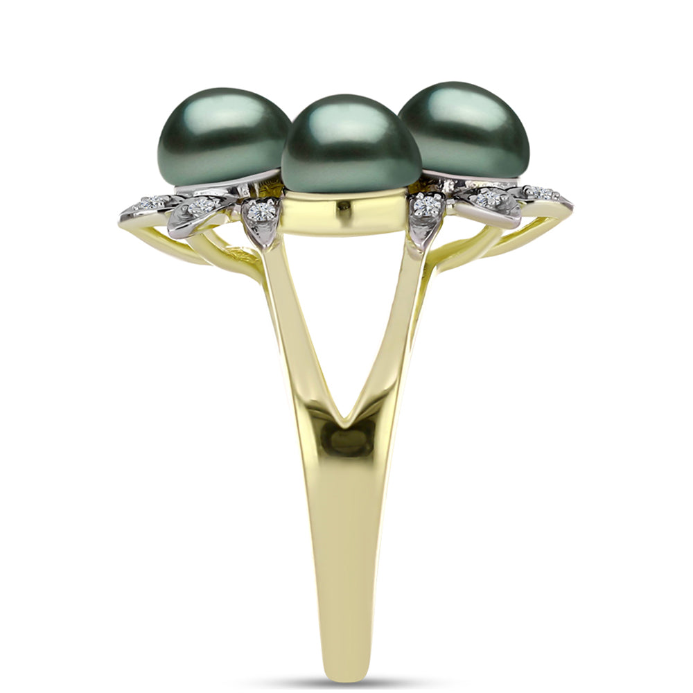 Anillo de Plata Bañada en Oro con Perla de río Tahiti verde ilusión y Topacio Blanco