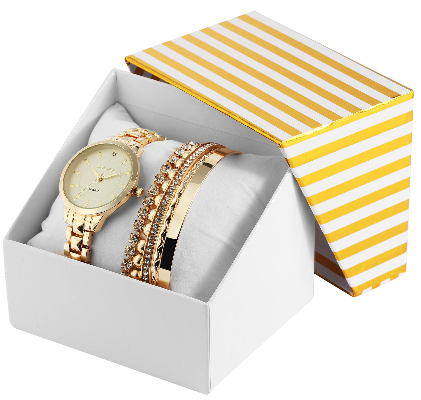 Estuche de regalo de reloj Excellanc: reloj para mujer + 2 pulseras, tono dorado EX0423, color dorado, movimiento de cuarzo de alta calidad, color de esfera amarilla