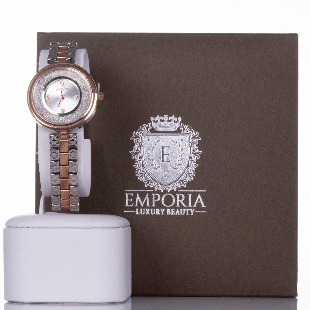 Reloj SKYLINE de aleación bañada en ORO ROSA Y PLATA para mujer con cristales de cuarzo con Estuche regalo