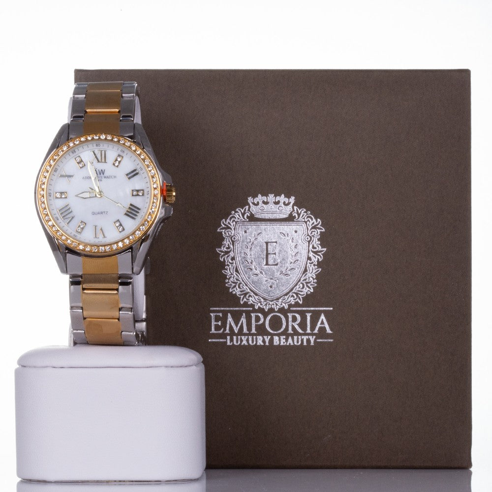 Reloj AW de aleación bañada en Oro con correa amarilla y plata.con cristales de cuarzo y número romano. Caja de regalo