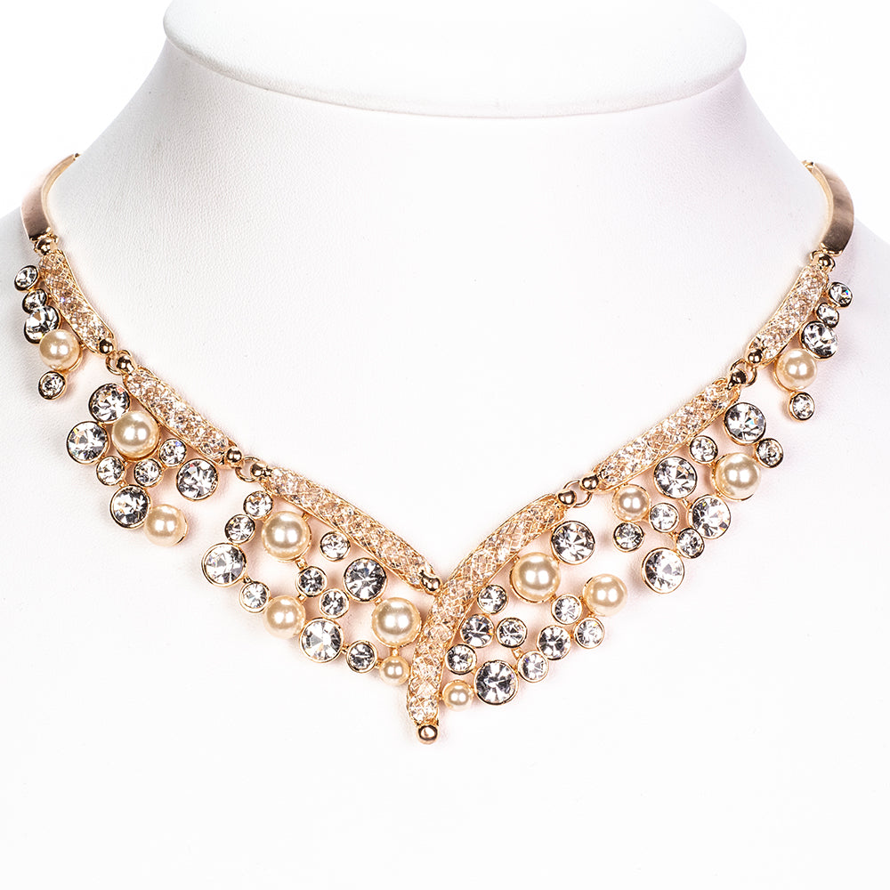 Conjunto de Aleación Bañado en Oro con Cristal Emporia® Blanco ( Collar +Pendientes +Pulsera )