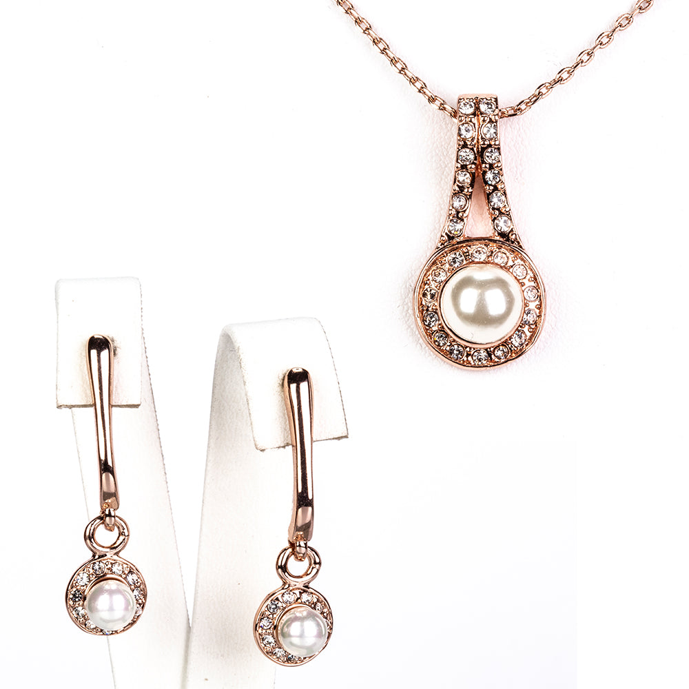 Conjunto de Aleación Bañado en Oro con Perla de cristal y Cristal Emporia® Blanco ( Collar +Pendientes ) 1 