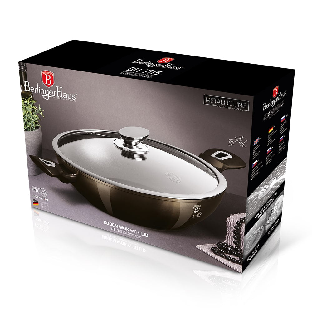 Wok con tapa Berlinger Haus   de la línea metálica brillante en negro, 30 cms