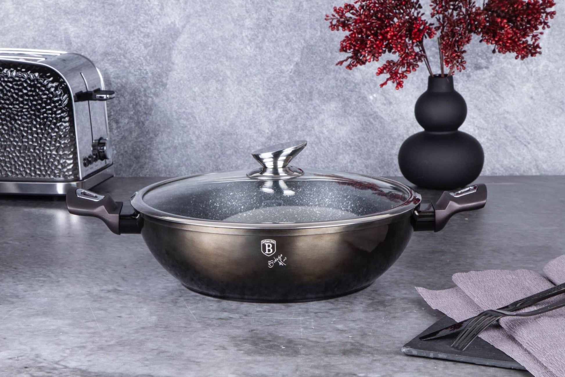 Wok con tapa Berlinger Haus   de la línea metálica brillante en negro, 30 cms 3 