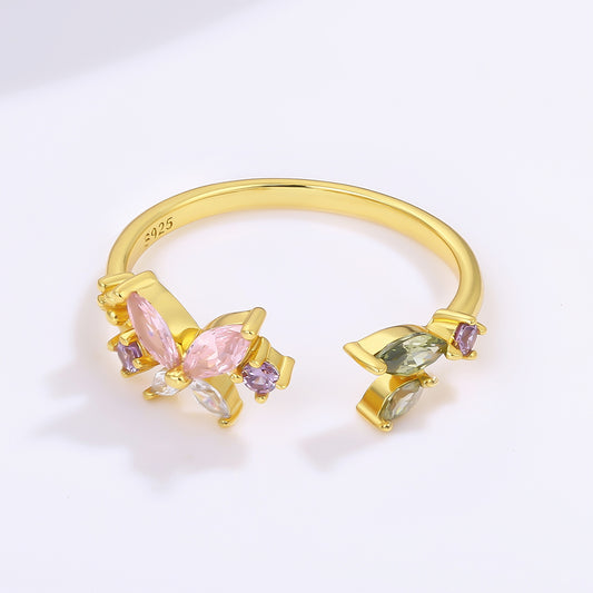 Anillo de Aleación Bañado en Oro con Cristal Emporia® Rosa y Cristal Emporia® Púrpura