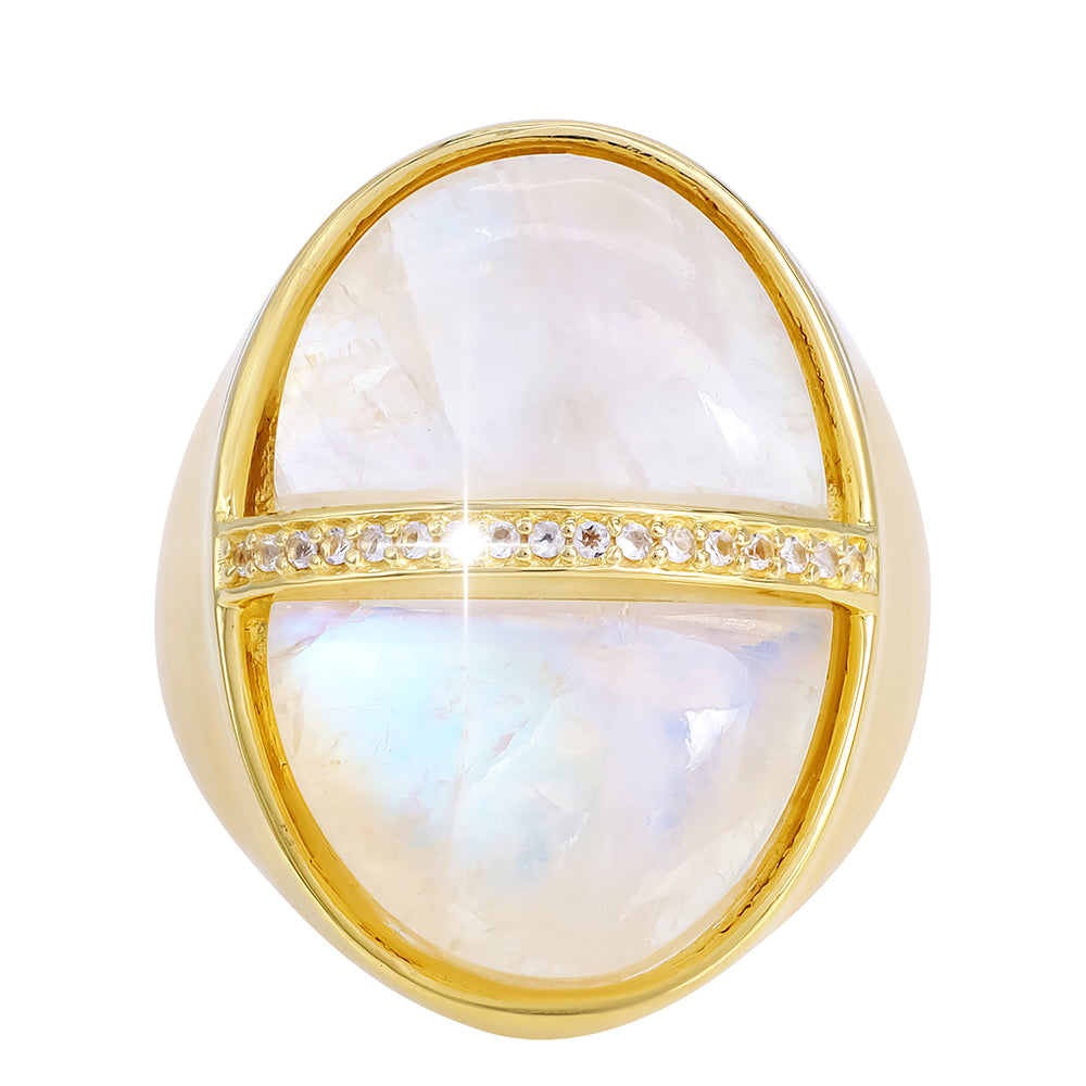 Anillo de Plata Bañada en Oro con Piedra Lunar Arco Iris y Topacio Blanco