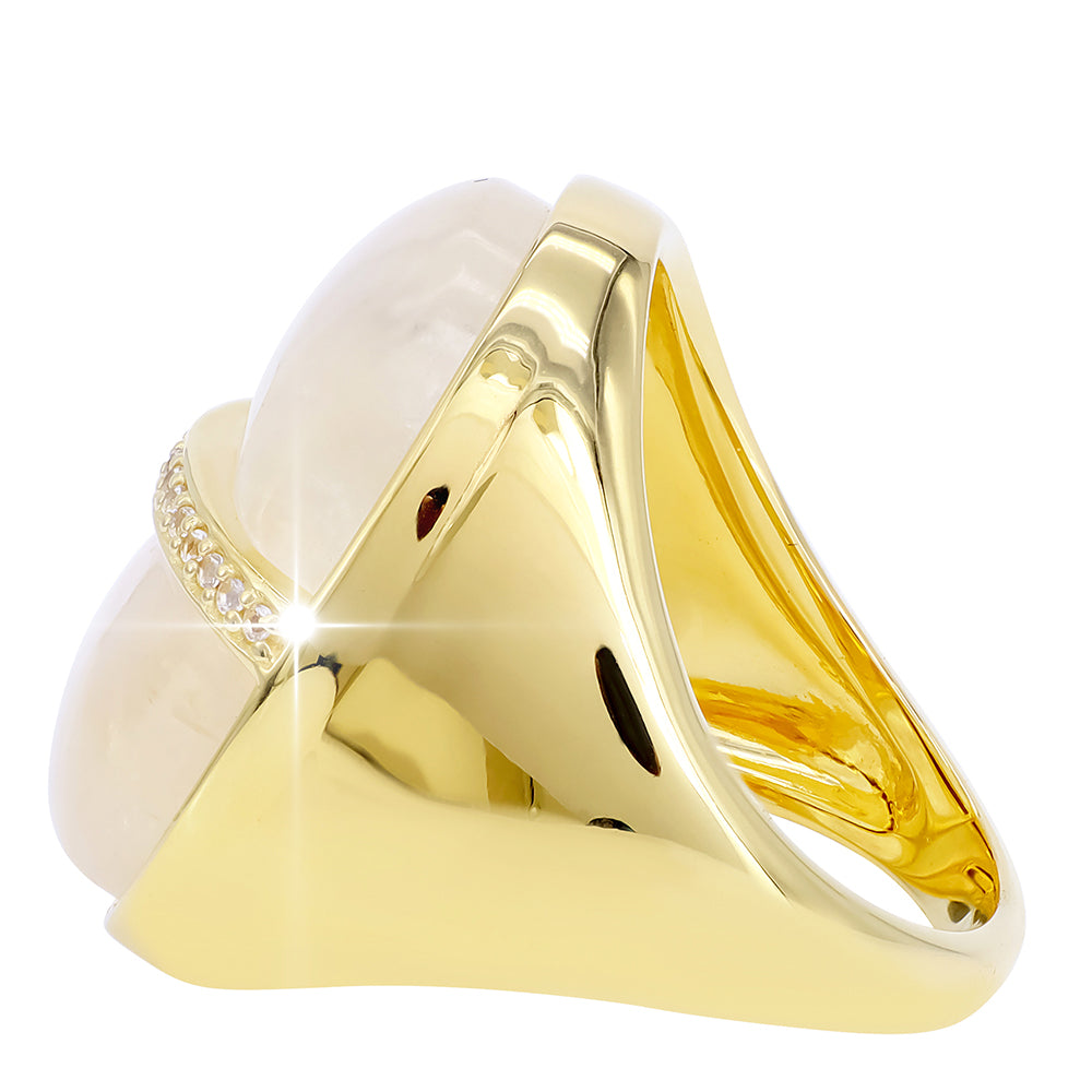 Anillo de Plata Bañada en Oro con Piedra Lunar Arco Iris y Topacio Blanco 3 