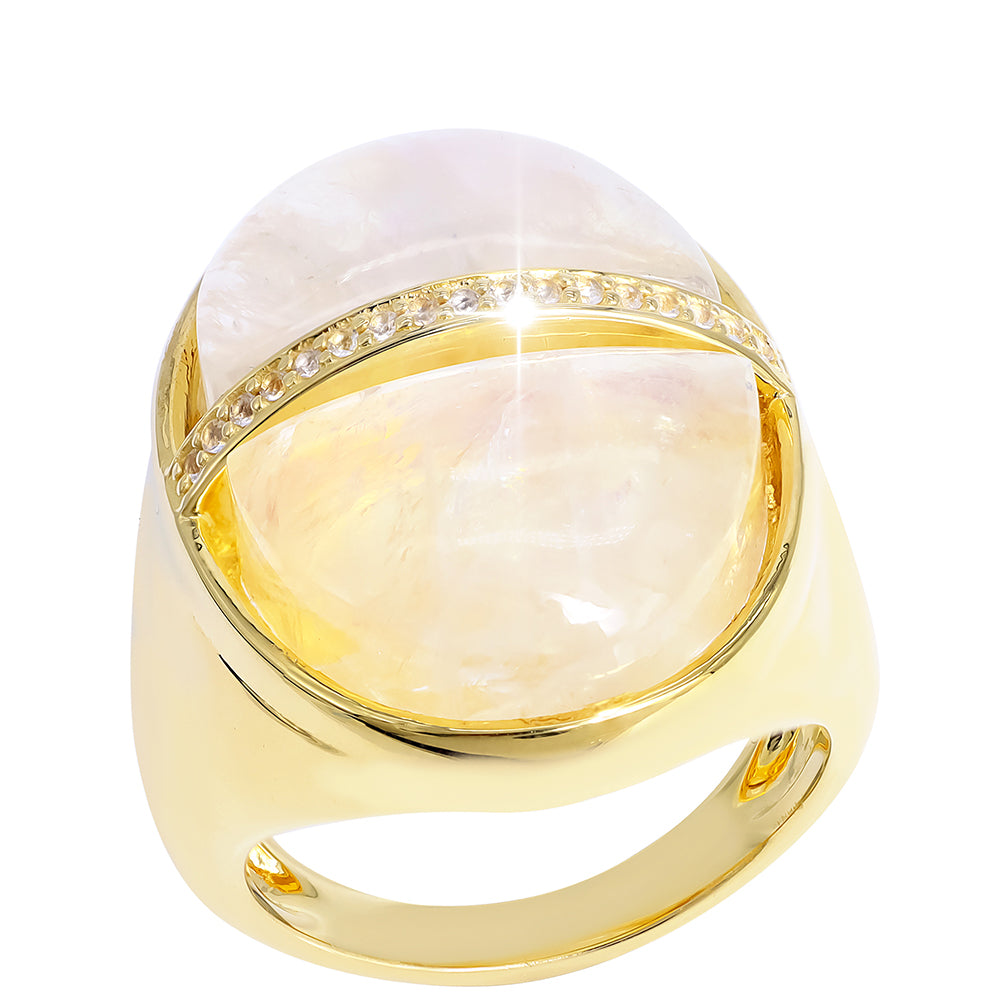 Anillo de Plata Bañada en Oro con Piedra Lunar Arco Iris y Topacio Blanco 2 