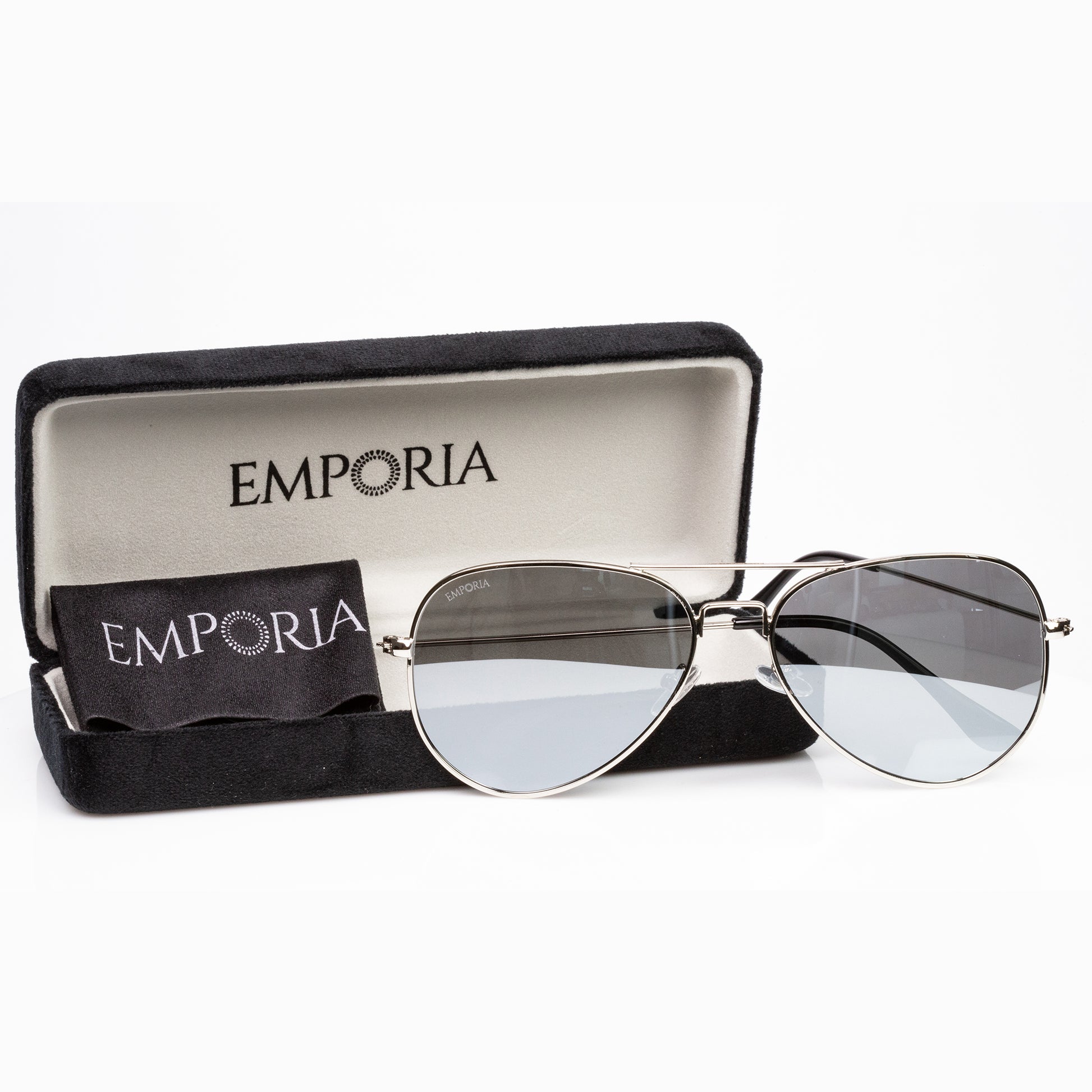 Emporia Italy - Gafas de sol piloto "CRYSTAL", gafas de sol polarizadas con filtro UV con estuche y paño de limpieza, lentes cromo-plata, montura plateada 1 