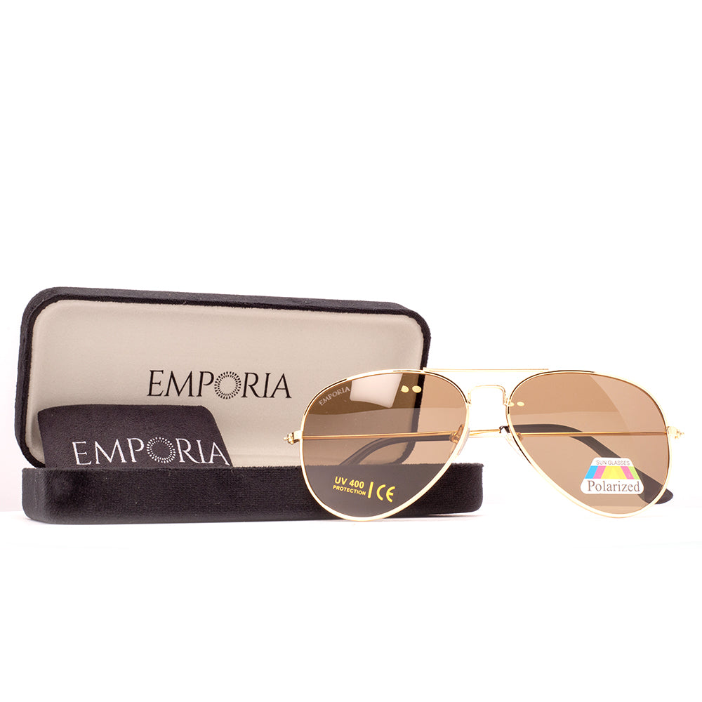 Emporia Italy - Gafas de sol piloto "DESIERTO", gafas de sol polarizadas con filtro UV con estuche y paño de limpieza, lentes marrón claro, montura dorada 1 