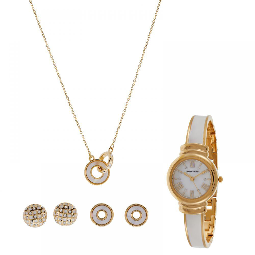 Reloj de Aleación Bañado en Oro con Esmalte y Cristal Emporia® Blanco (Collar +Pendientes ) 2 