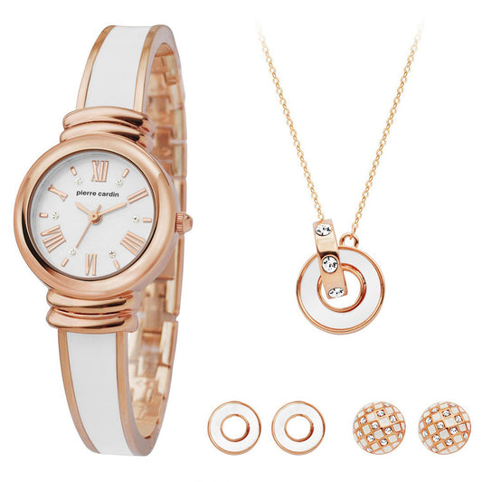 Reloj de Aleación Bañado en Oro con Esmalte y Cristal Emporia® Blanco (Collar +Pendientes )