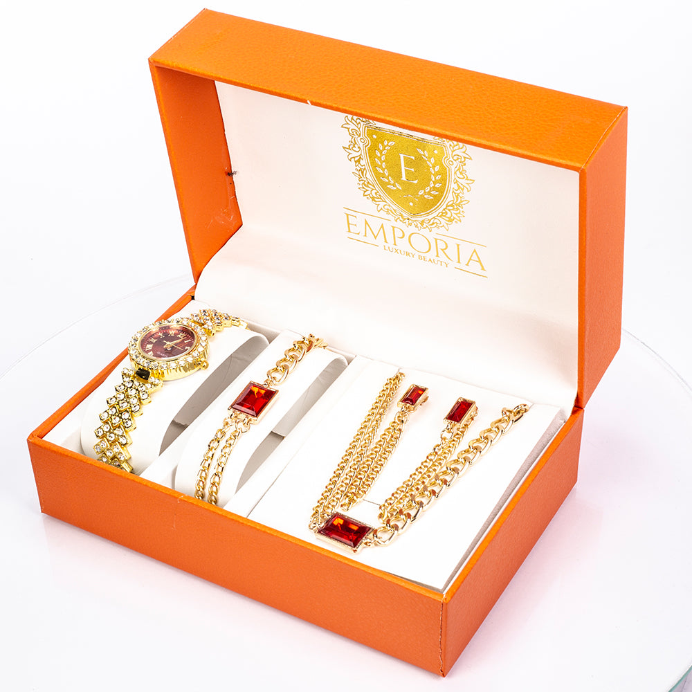 Reloj de Aleación Bañado en Oro con Cristal Emporia® Rojo y Cristal Emporia® Blanco ( Collar +Pendientes +Pulsera ) 1 