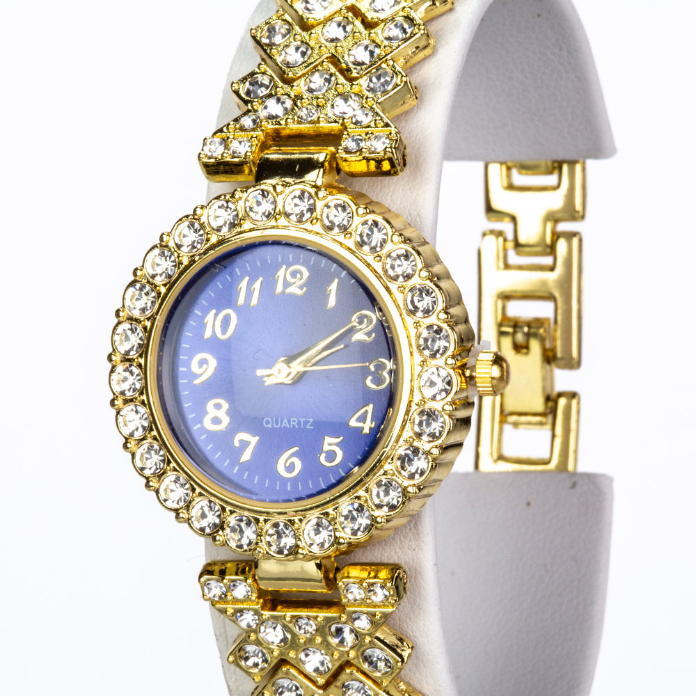 Reloj de Aleación Bañado en Oro con Cristal Emporia® Azul y Cristal Emporia® Blanco ( Collar +Pendientes +Pulsera )