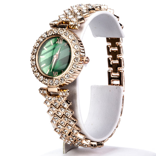 Reloj de Aleación Bañado en Oro con Cristal Emporia® Verde y Cristal Emporia® Blanco ( Collar +Pendientes +Pulsera +Anillo +Colgante )