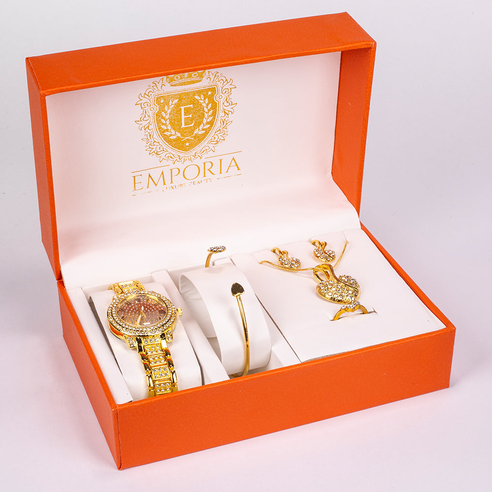 Conjunto de joyería Emporia de 5 piezas, de alta calidad y en tono dorado, presentado en una exclusiva caja de regalo con efecto piel (incluye reloj, pulsera, collar, pendientes y anillo, con cristal blanco Emporia). 1 