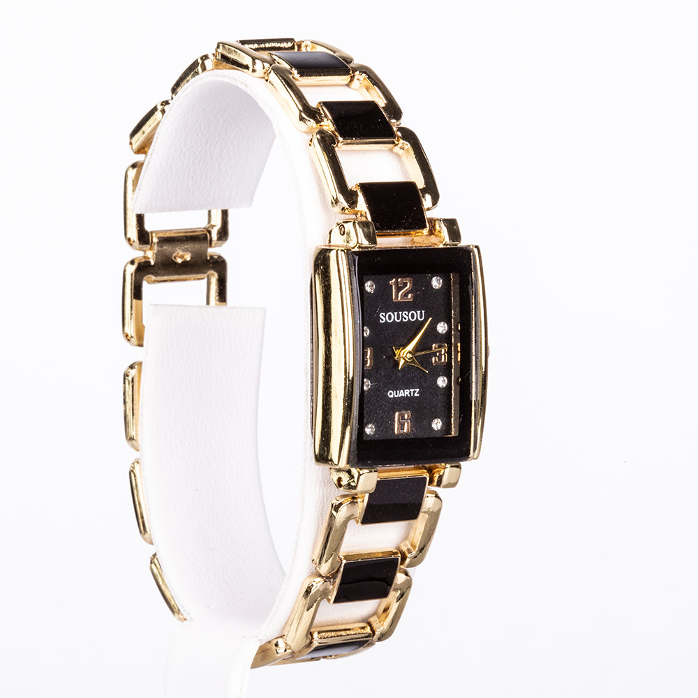 Conjunto de joyas Emporia de 5 piezas, de alta calidad y en tono dorado, presentado en una exclusiva caja de regalo con efecto piel (incluye reloj, pulsera, collar, pendientes y anillo, con cristales Emporia blancos y negros). 2 