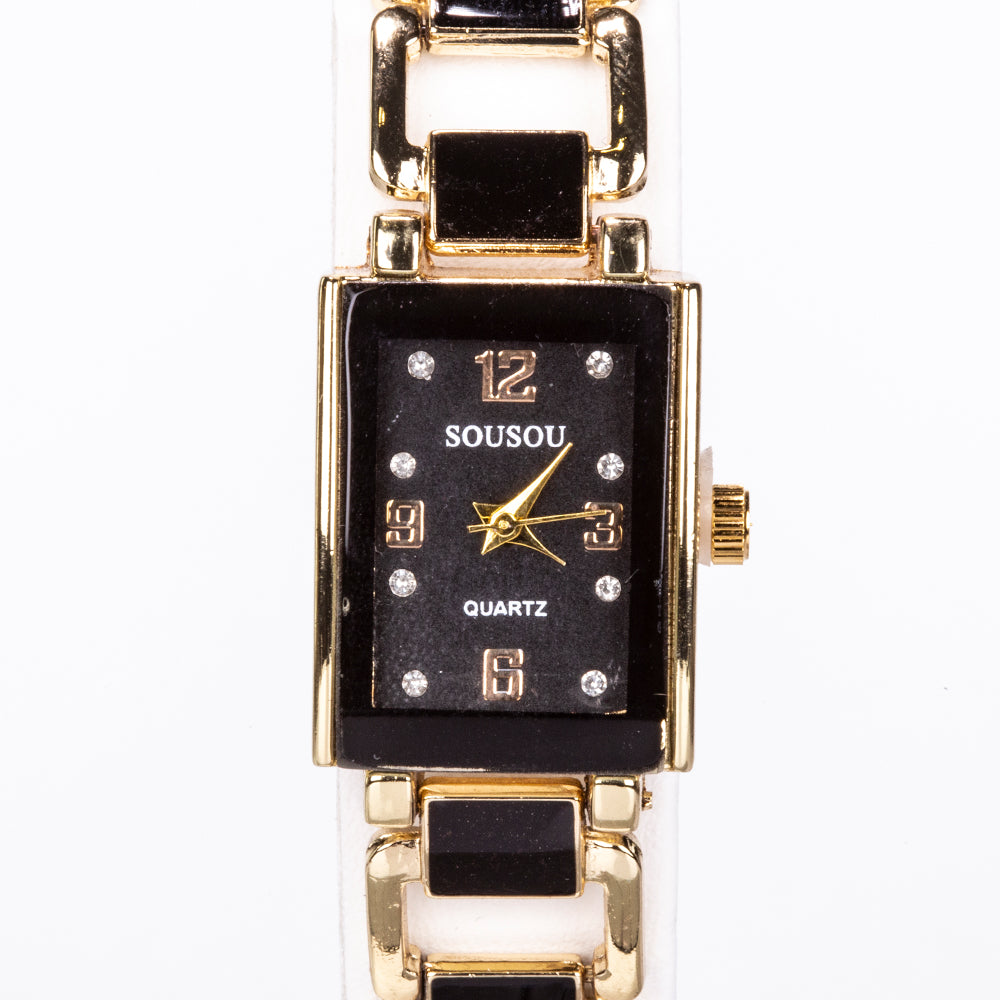 Conjunto de joyas Emporia de 5 piezas, de alta calidad y en tono dorado, presentado en una exclusiva caja de regalo con efecto piel (incluye reloj, pulsera, collar, pendientes y anillo, con cristales Emporia blancos y negros). 11 