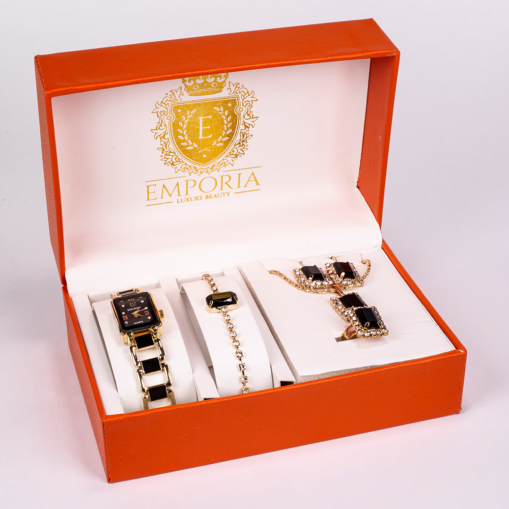 Conjunto de joyas Emporia de 5 piezas, de alta calidad y en tono dorado, presentado en una exclusiva caja de regalo con efecto piel (incluye reloj, pulsera, collar, pendientes y anillo, con cristales Emporia blancos y negros). 1 