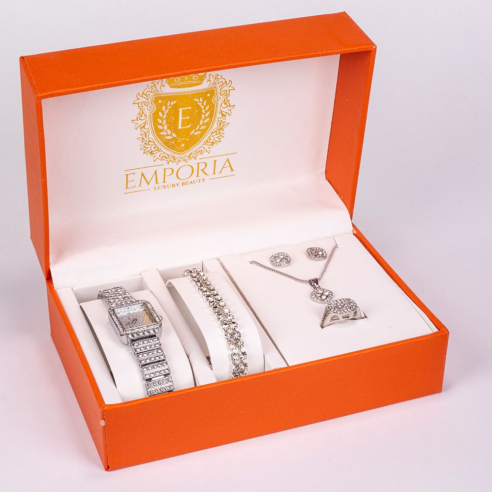Conjunto de joyería Emporia de 5 piezas, de alta calidad y en tono plateado, presentado en una exclusiva caja de regalo con efecto piel (incluye reloj, pulsera, collar, pendientes y anillo, con cristal blanco Emporia).