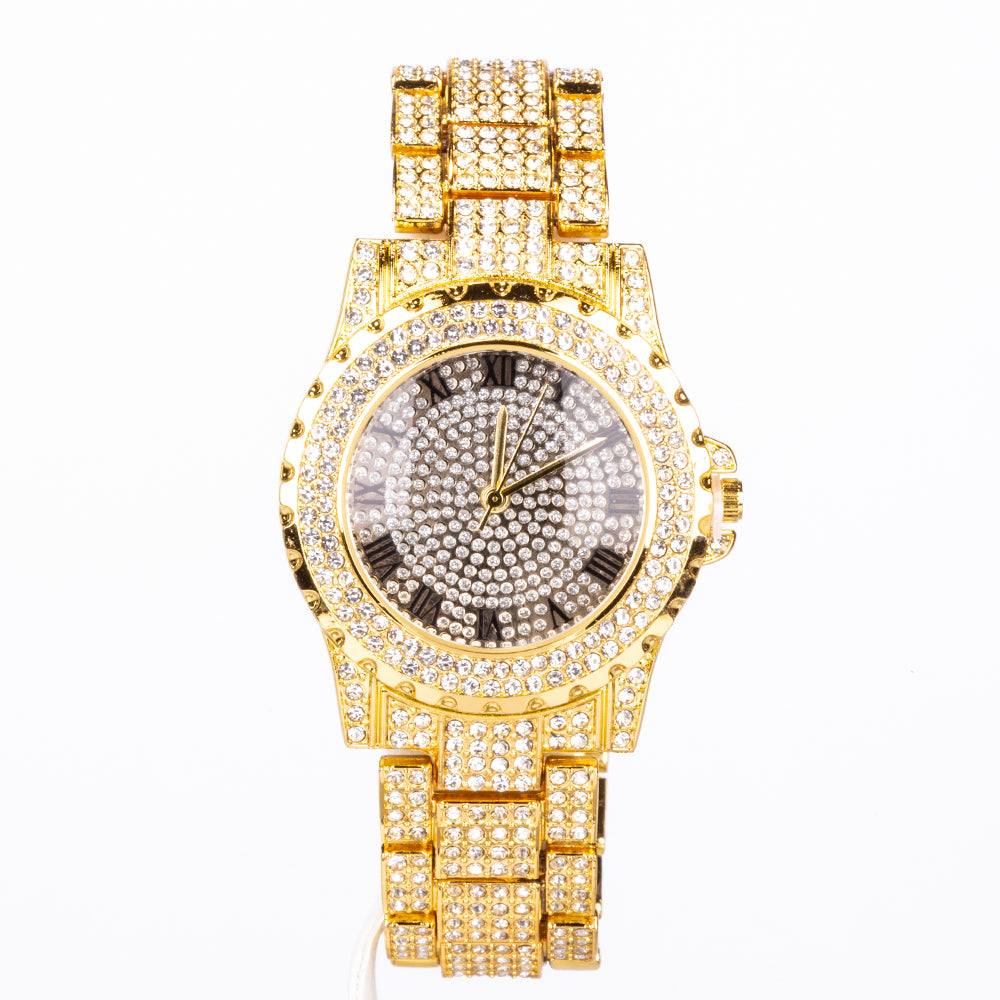 Conjunto de joyas Emporia de 4 piezas, de alta calidad y en tono dorado, presentado en una exclusiva caja de regalo con efecto piel (incluye reloj, pulsera, collar grueso y collar con colgante de cruz con cristal blanco Emporia).
