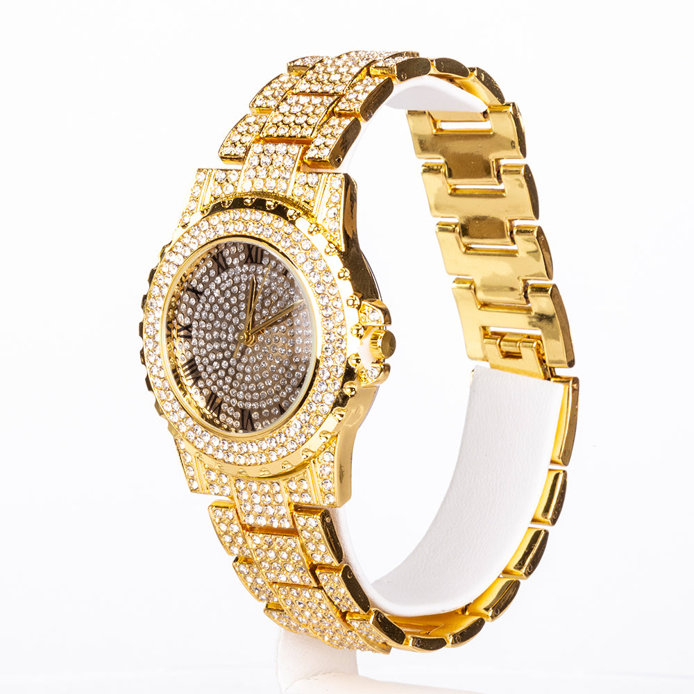 Conjunto de joyas Emporia de 4 piezas, de alta calidad y en tono dorado, presentado en una exclusiva caja de regalo con efecto piel (incluye reloj, pulsera, collar grueso y collar con colgante de cruz con cristal blanco Emporia).