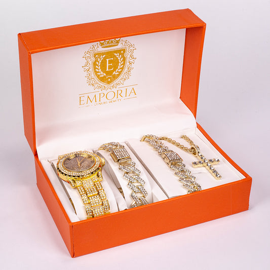 Conjunto de joyas Emporia de 4 piezas, de alta calidad y en tono dorado, presentado en una exclusiva caja de regalo con efecto piel (incluye reloj, pulsera, collar grueso y collar con colgante de cruz con cristal blanco Emporia).