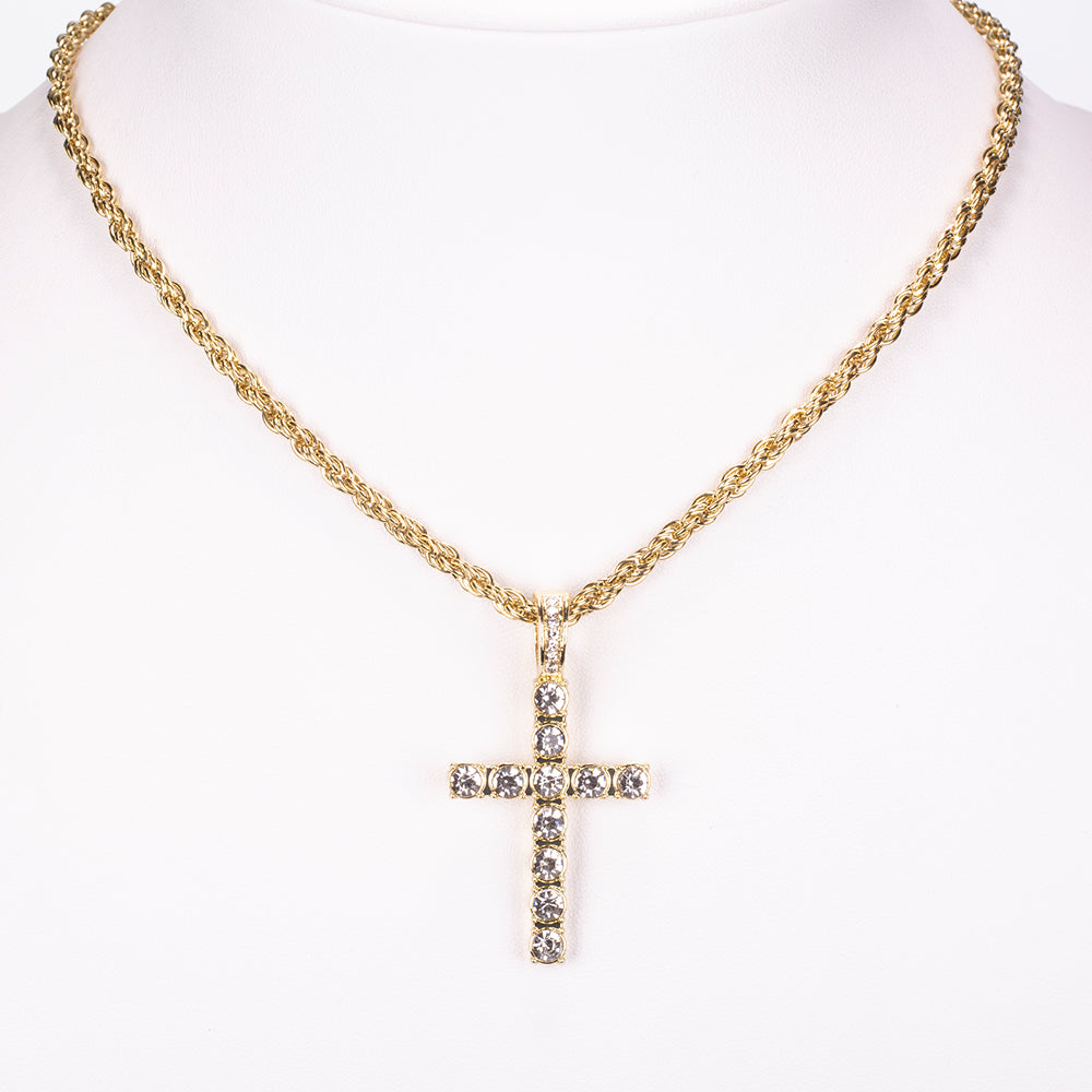 Conjunto de joyas Emporia de 4 piezas, de alta calidad y en tono dorado, presentado en una exclusiva caja de regalo con efecto piel (incluye reloj, pulsera, collar grueso y collar con colgante de cruz con cristal blanco Emporia). 6 