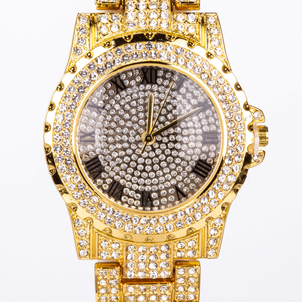 Conjunto de joyas Emporia de 4 piezas, de alta calidad y en tono dorado, presentado en una exclusiva caja de regalo con efecto piel (incluye reloj, pulsera, collar grueso y collar con colgante de cruz con cristal blanco Emporia). 8 